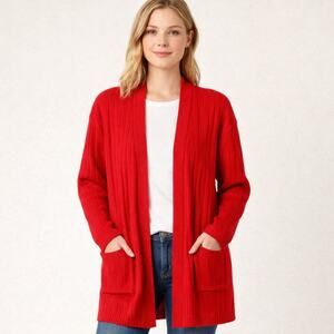 Sport Ltd Red Ribbed Open Front Cardigan Womens Size S Long Sweater Pockets
